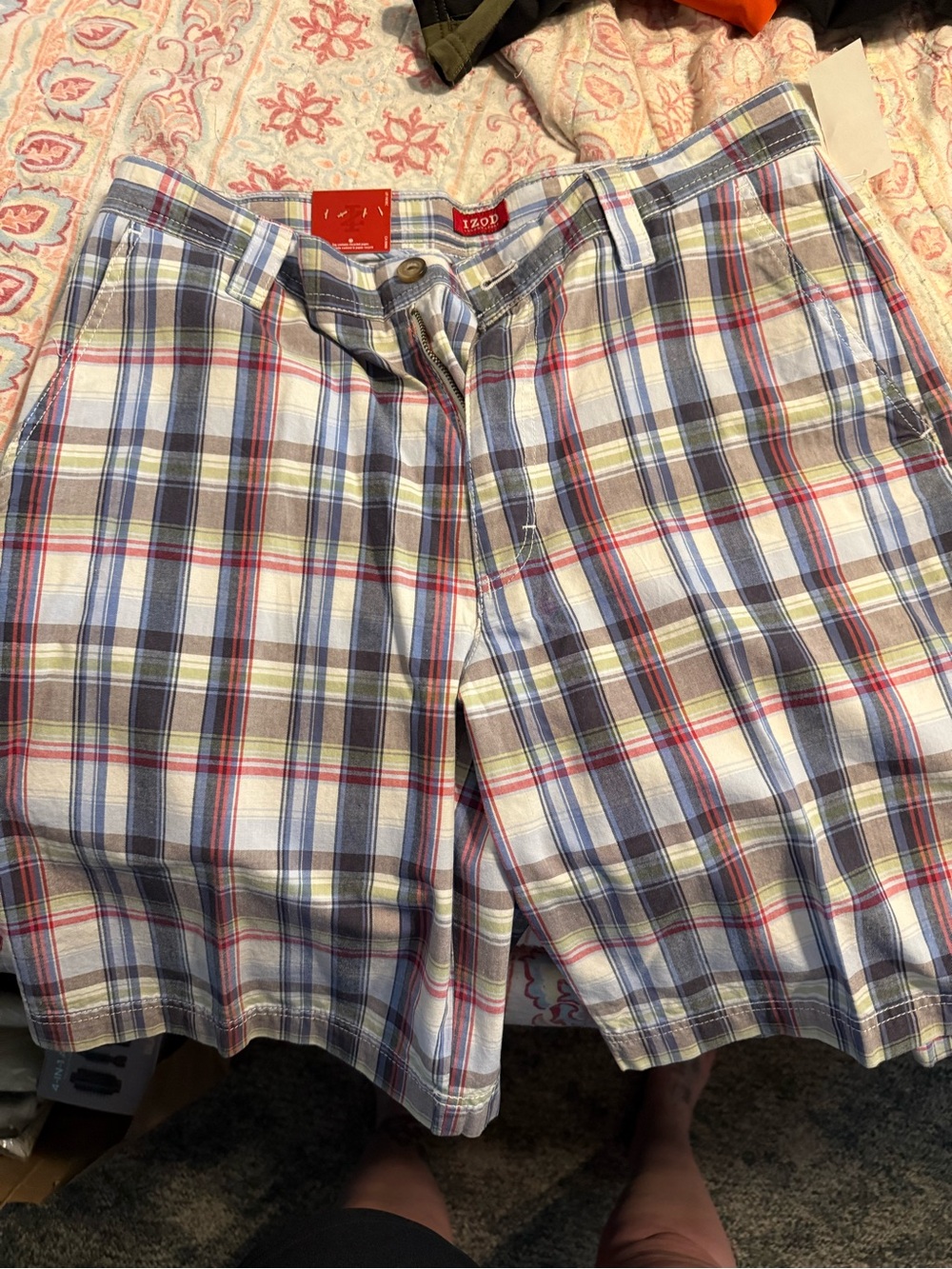 Izod Men’s Plaid Flat-Front Cotton Shorts - Blue, White, Red, Green